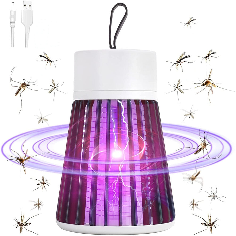 Une lampe anti moustique blanche et violette , des moustiques sont en train de voler autour. Sur fond blanc.