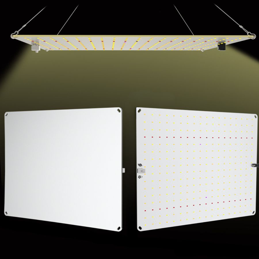 Sur fond noir on voir une lampe horticole à LED en forme plaque suspendue. En dessous, on voit l'avant et l'arrière de la plaque.